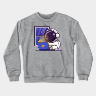 Cute Astronaut Working On Laptop In Space Cartoon Crewneck Sweatshirt